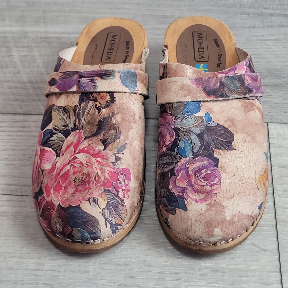 🌸Moheda Sweden Floral Leather Wooden Clogs Women 40 /US 9-9.5 (c-video) - Picture 3 of 16